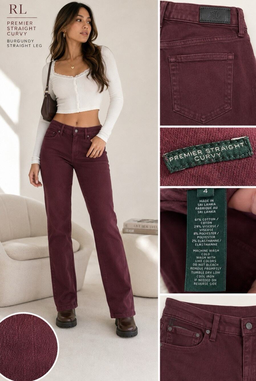 Preppy Lauren Ralph Lauren Curvy Fit Straight Leg Jeans Size 4 Burgundy Denim
